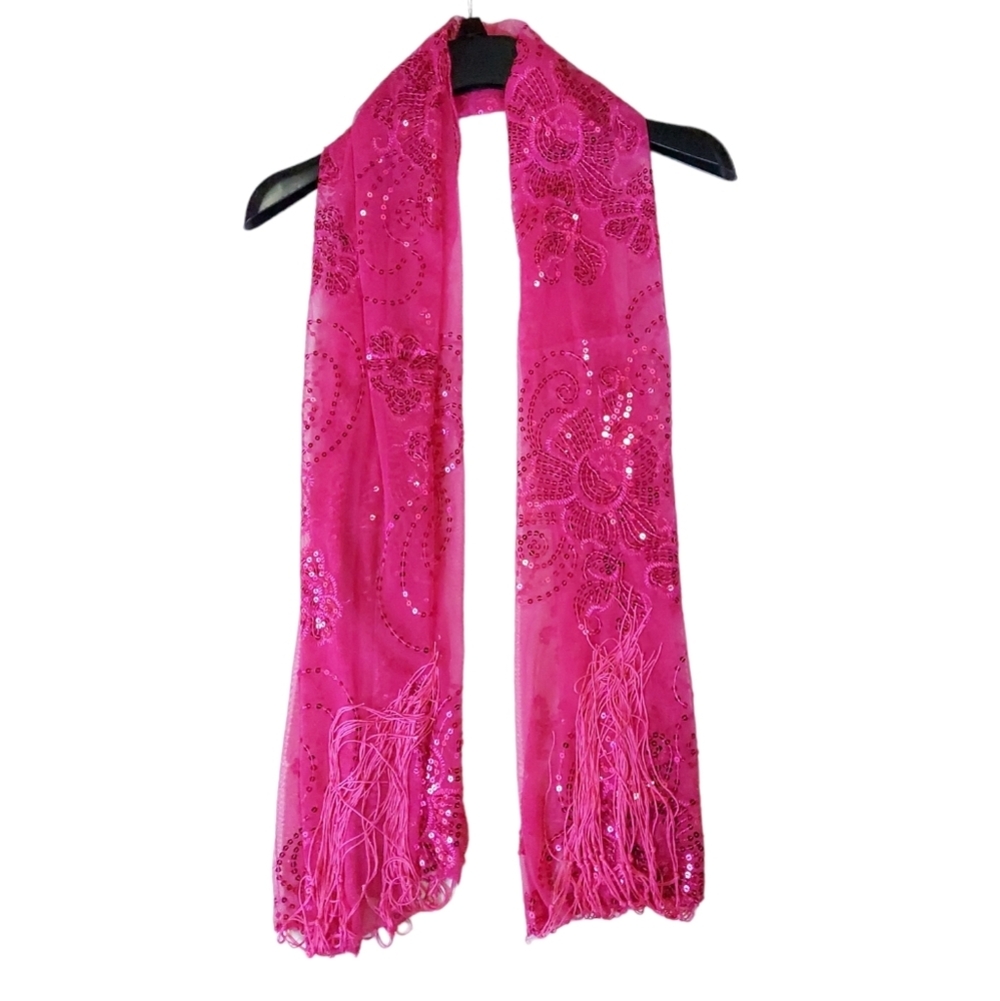 Womens Pink Mesh Sequin Metallic Party Prom Wedding Shawl Scarf With Fringe - Picture 2 of 11